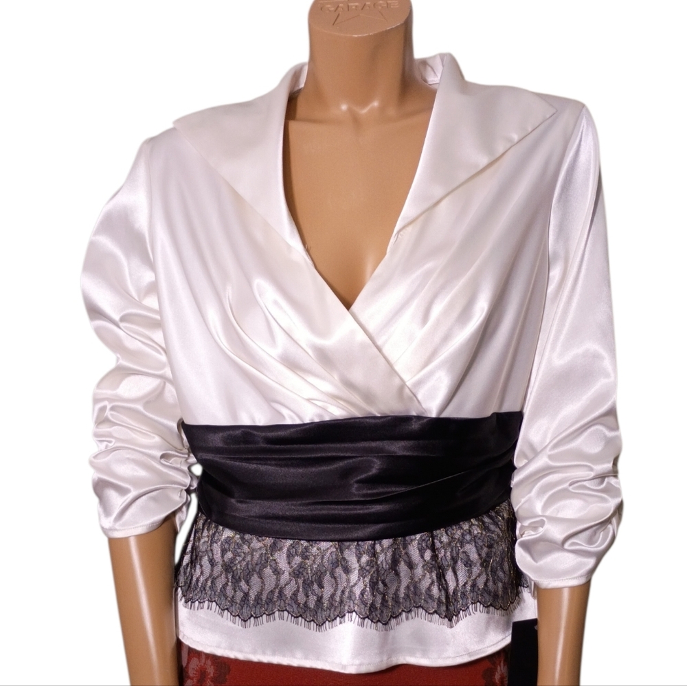 MARINA‎ Satin Blouse with Black Lace Accent